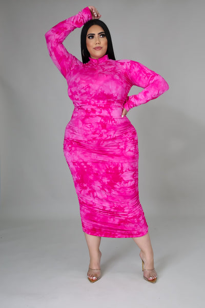 Pink Pressure Ruched Zip Midi Dress